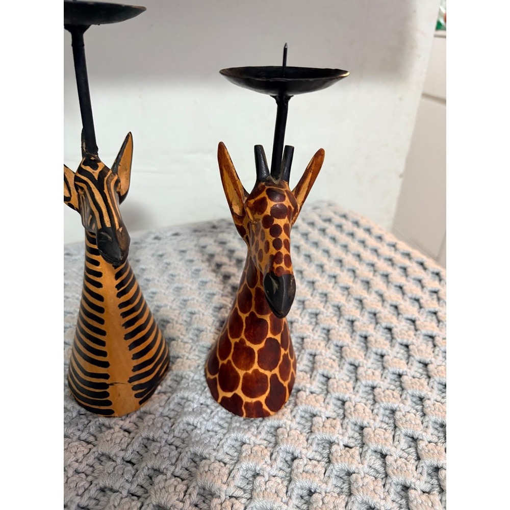 Hand Carved Wood Zebra Giraffe Candle Holder Set Made in Kenya African Folk Art - Picture 2 of 16